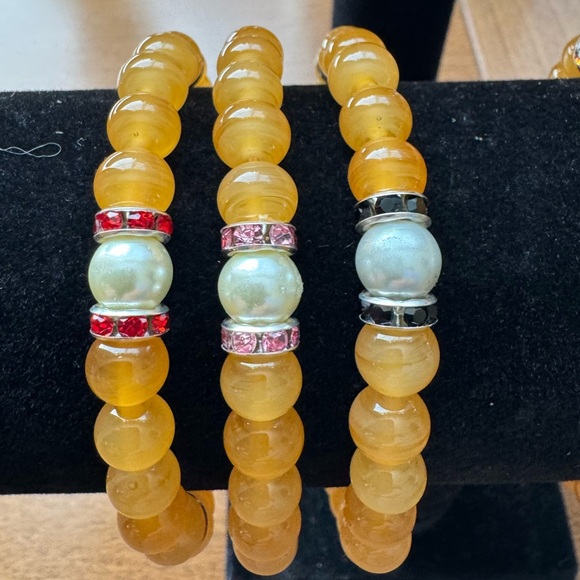 Golden Yellow Bead Bracelets with Simulated Pearl & Rhinestone Spacers - Picture 6 of 9